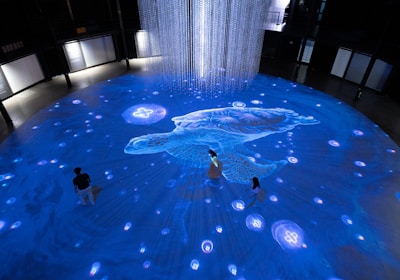 An immersive digital art installation features an illuminated floor with aquatic imagery, including a large digital representation of a marine animal. Several people are interacting with the space, walking on the projection. Above, a cascade of lights or thin strands descends from the ceiling, creating a sense of depth and fluidity in the ambient lighting.